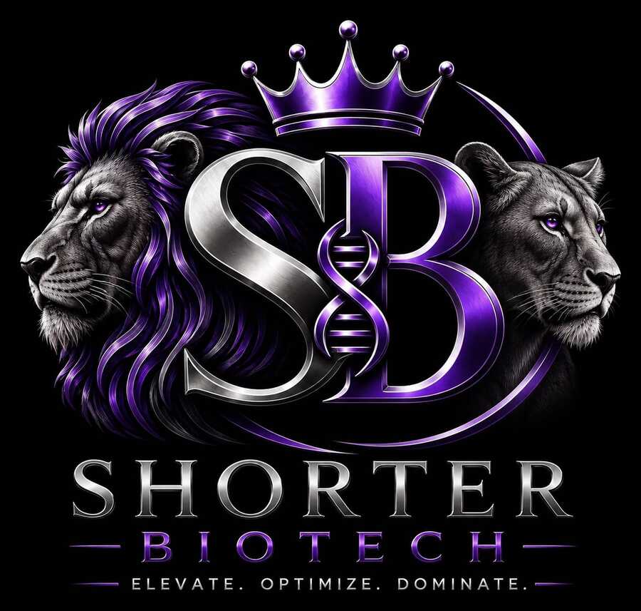 Shorter Biotech crest: a crowned S/B monogram with a DNA double helix, flanked by a lion and lioness
